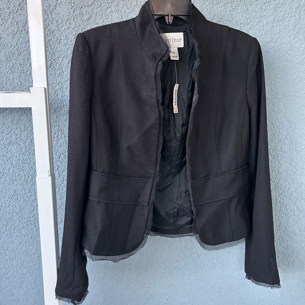 White House Black Market New Black Jacket Blazer Frayed Edges Size 12